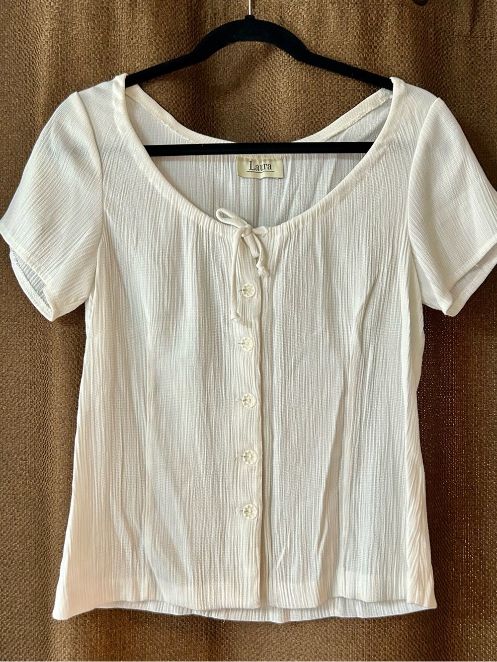 Laura White Short-Sleeve Button-Front Blouse with Tie Neck